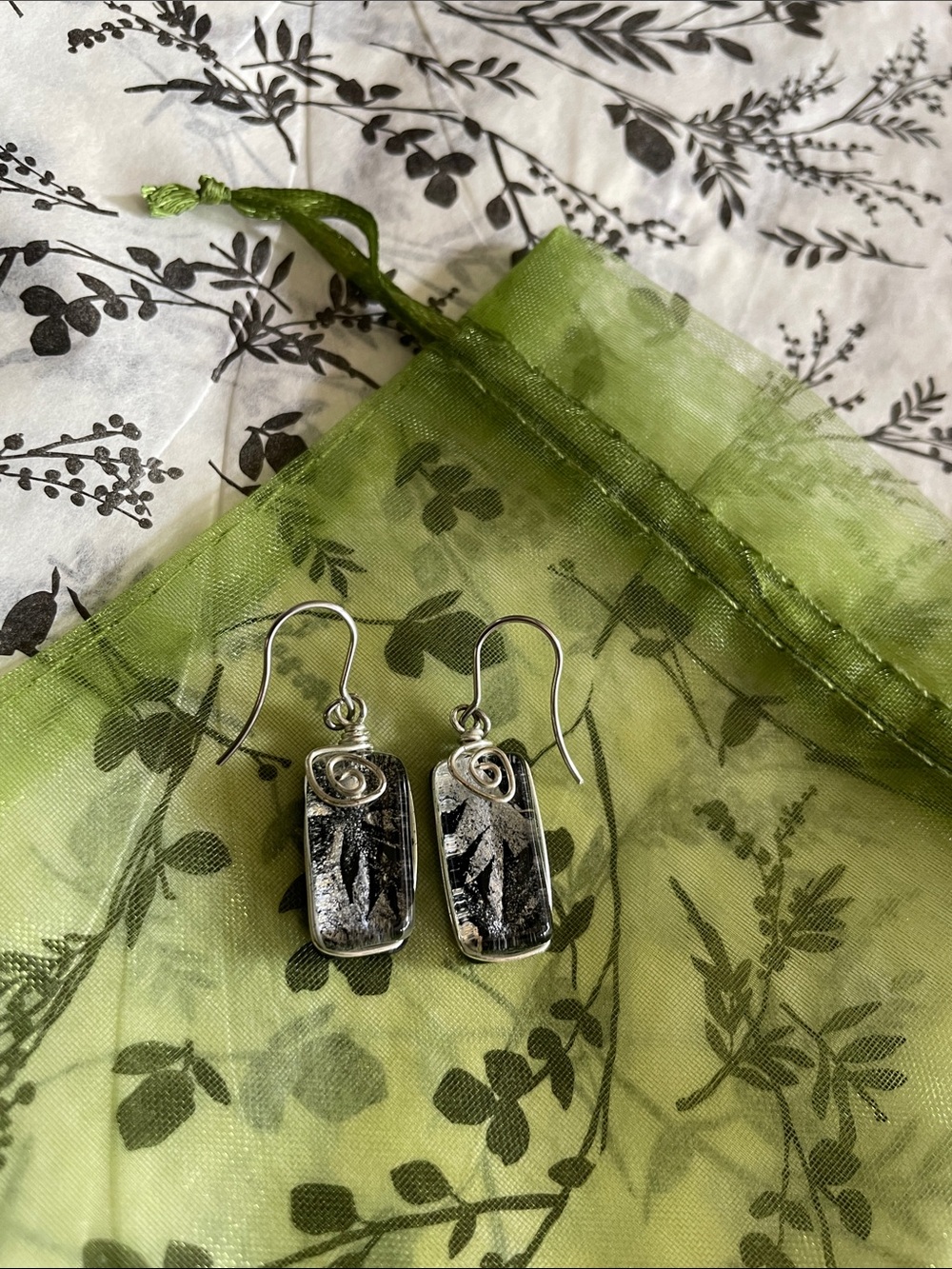 Handcrafted artisan crafted Black and Silver Glass Drop Earrings